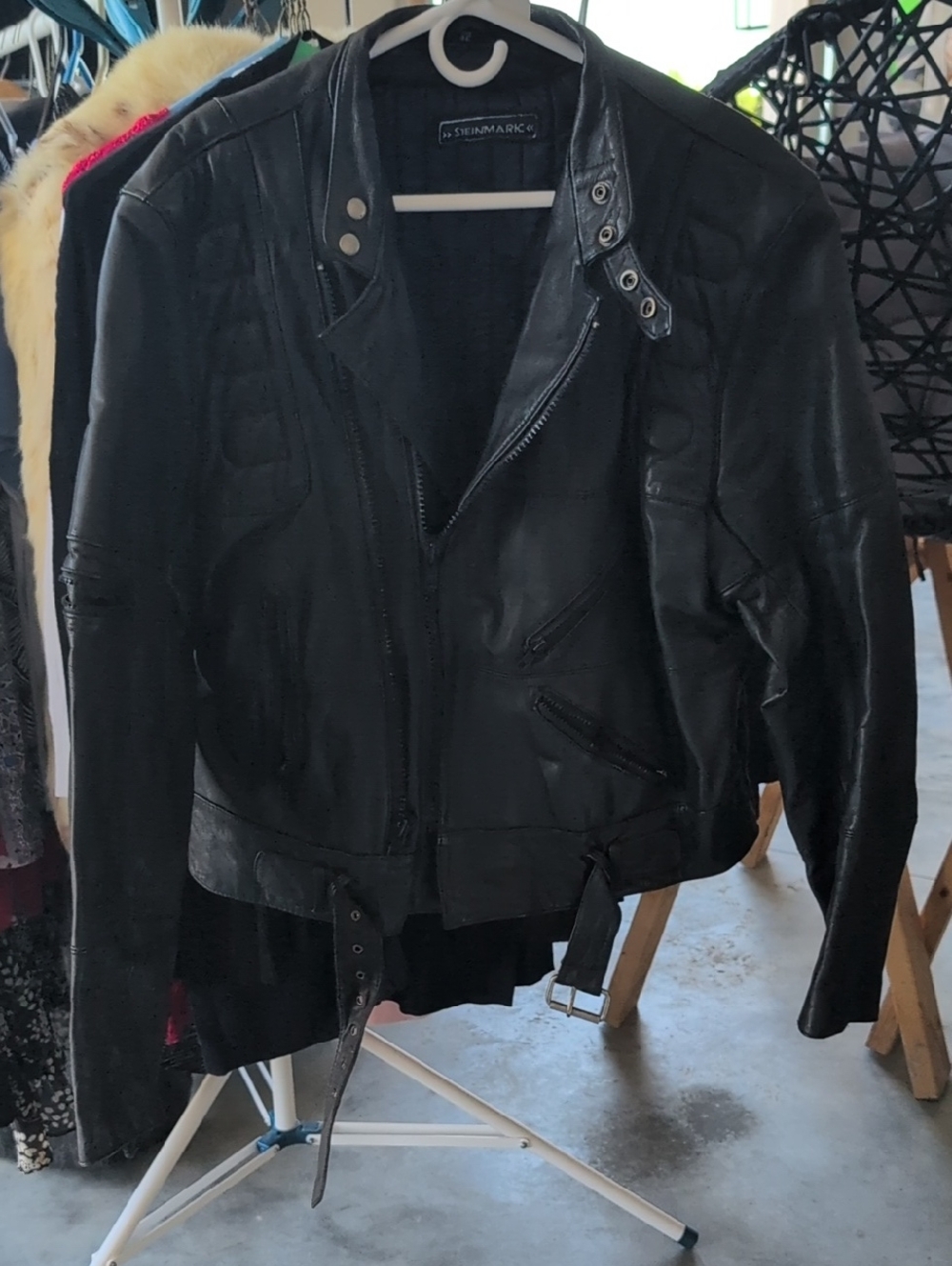 Steinmark Black Leather Moto Jacket with Waist Belt